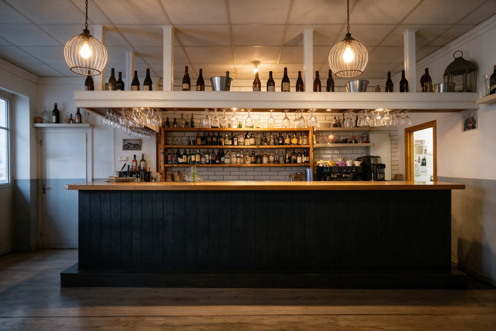 Interior de Tapería Alba, barra con luz cálida y botellas de Estrella Galicia