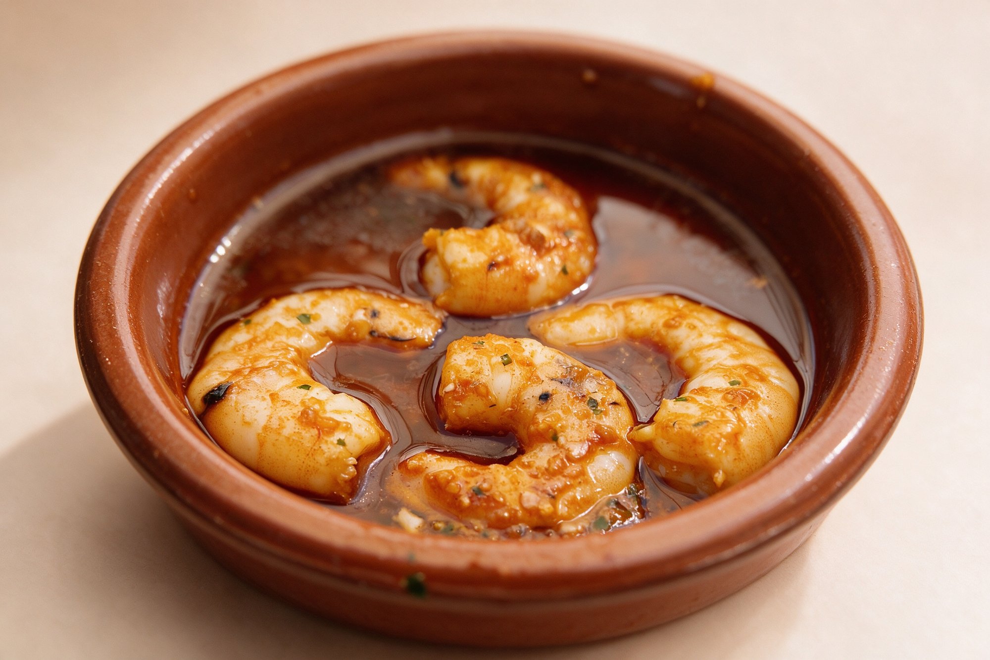 Gambas al Ajillo de Tapería Alba, cuatro gambas peladas en cuenco de barro con aceite de color rojizo y perejil
