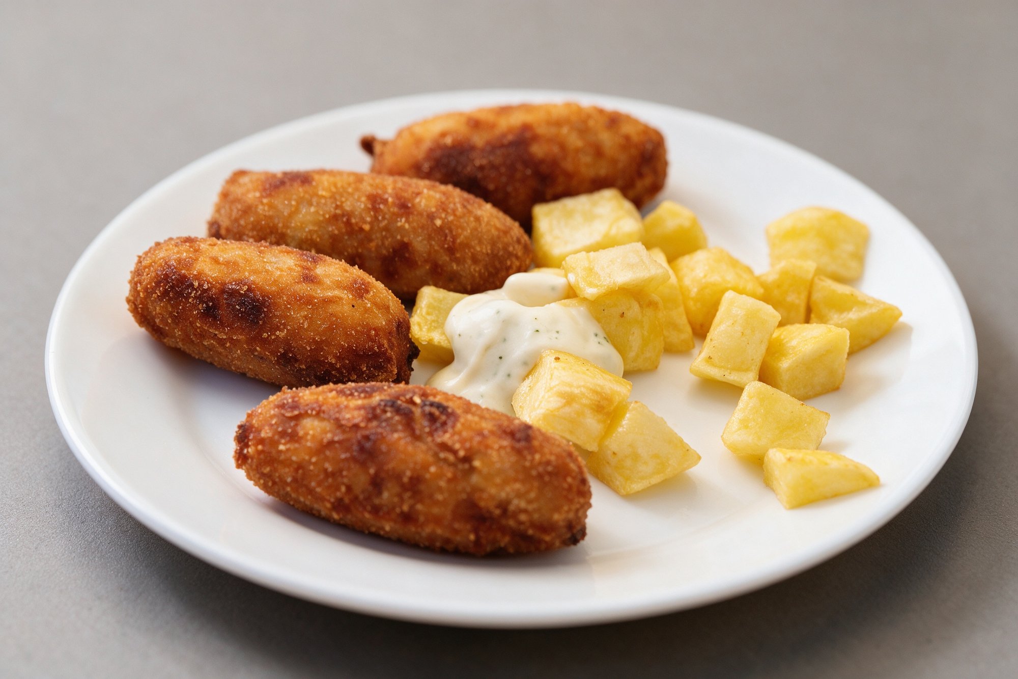 Croquetas Caseras de Tapería Alba, croquetas y patatas fritas con salsa de hierbas en plato blanco